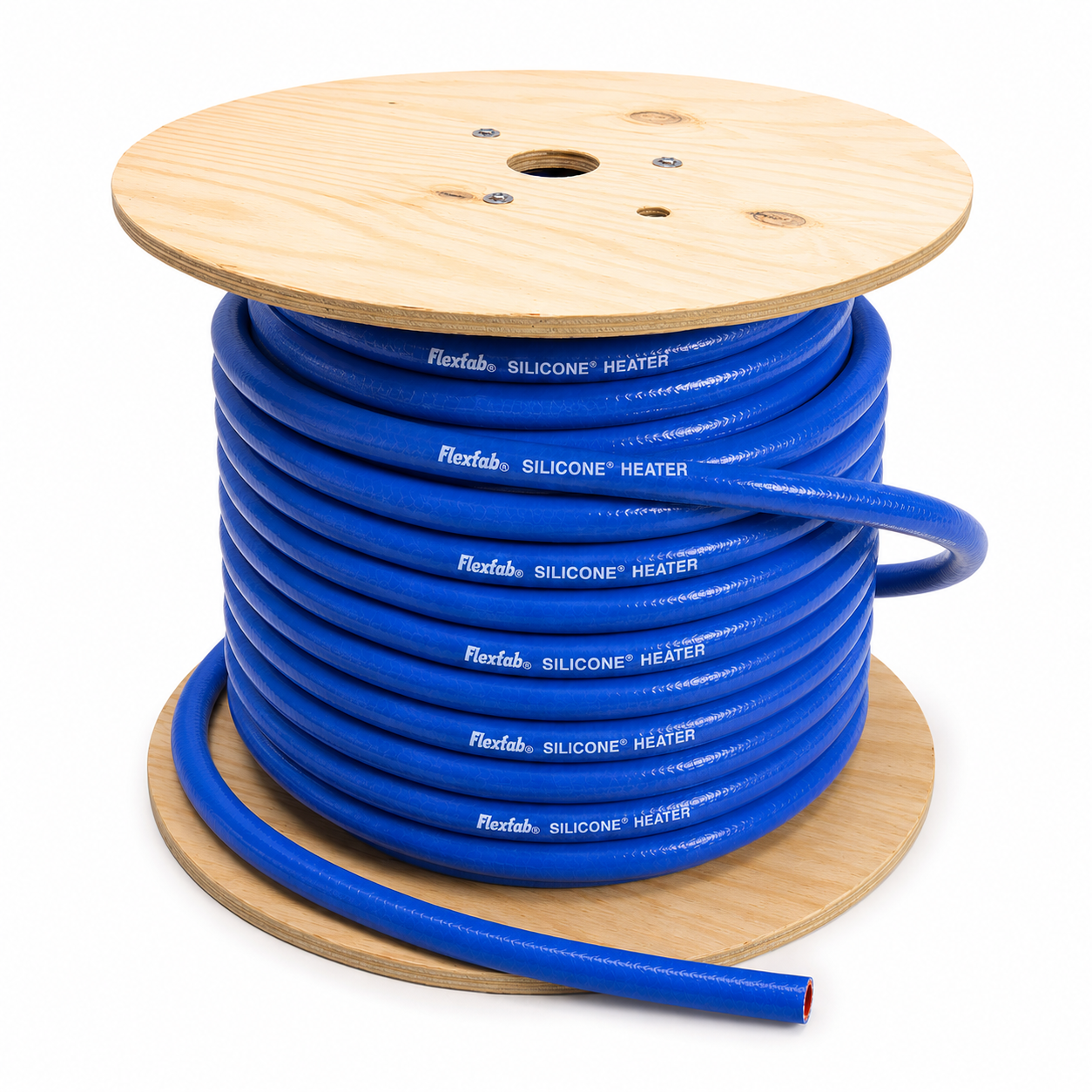 Spool of blue silicone heater cable on a wooden reel with Flexfab branding.
