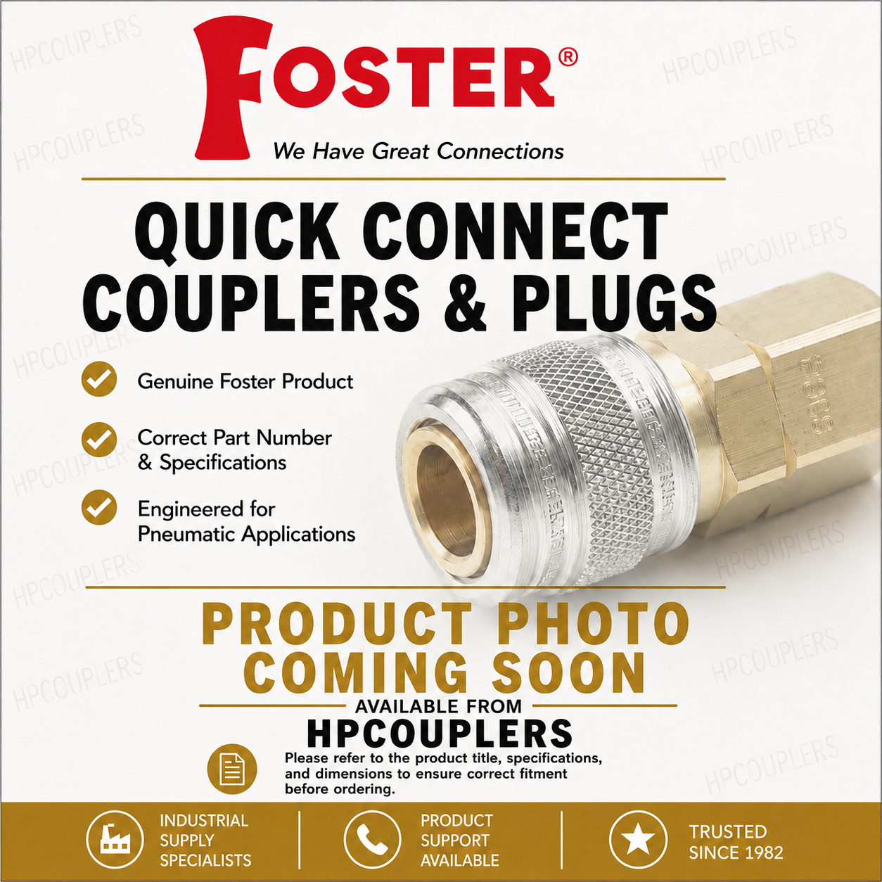 Foster quick connect couplers and plugs product on a white background with brand logo and text.