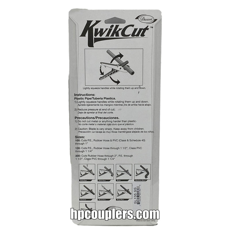 Dawn Industries SL135-SS, Kwikcut, 1-5/8", Plastic Pipe, Tubing and Hose Cutter, Spring Return With Stainless Steel Blade