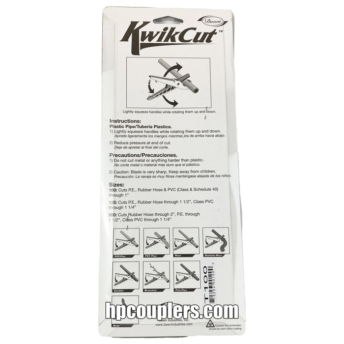 Dawn Industries T100, Kwikcut, 1-1/8", Plastic Pipe, Tubing and Hose Cutter, Manual With PTFE Steel Blade